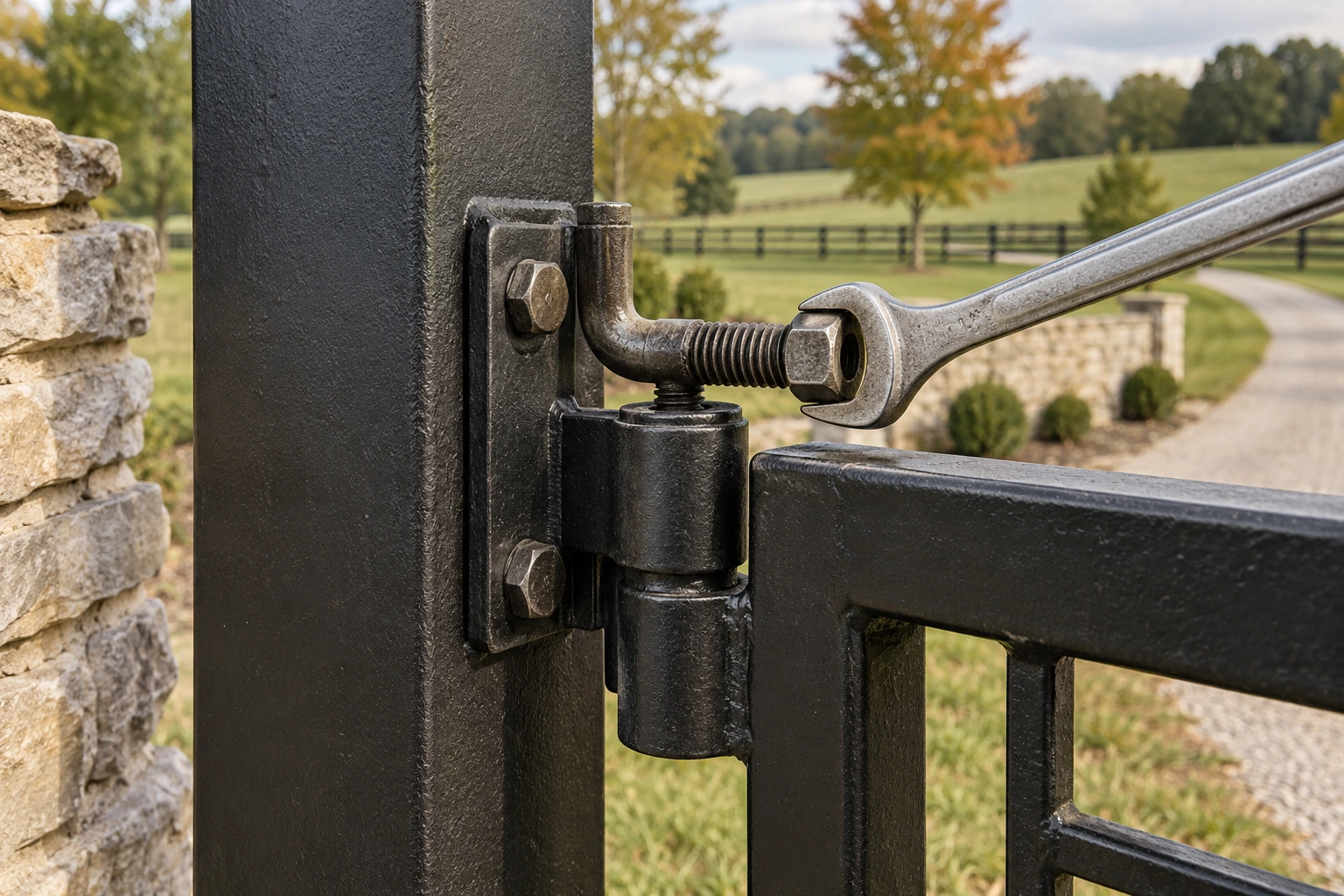 Close-up hardware detail for Metal Gate Alignment & Adjustment in Lexington, KY