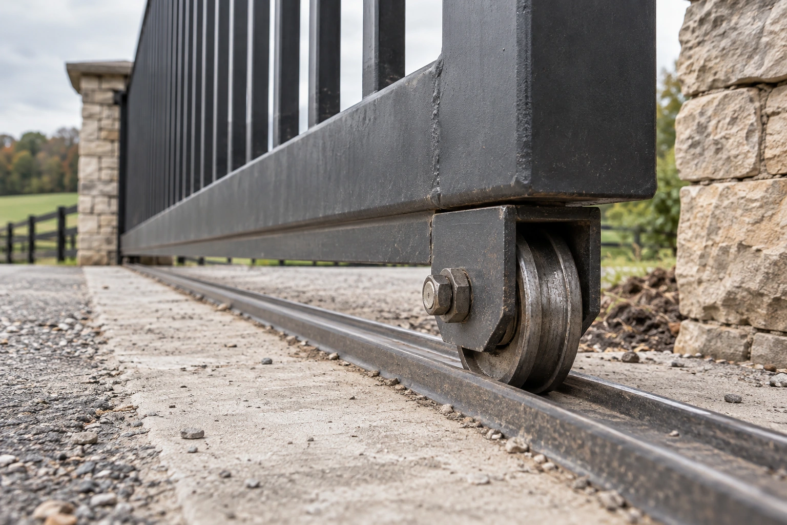 Close-up hardware detail for Sliding Metal Gate Installation in Lexington, KY